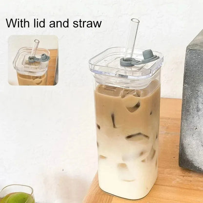 Aesthetic Glass Cup with Lid & Straw – Heat-Resistant Iced Coffee Mug | Square Transparent Milk Tea Tumbler