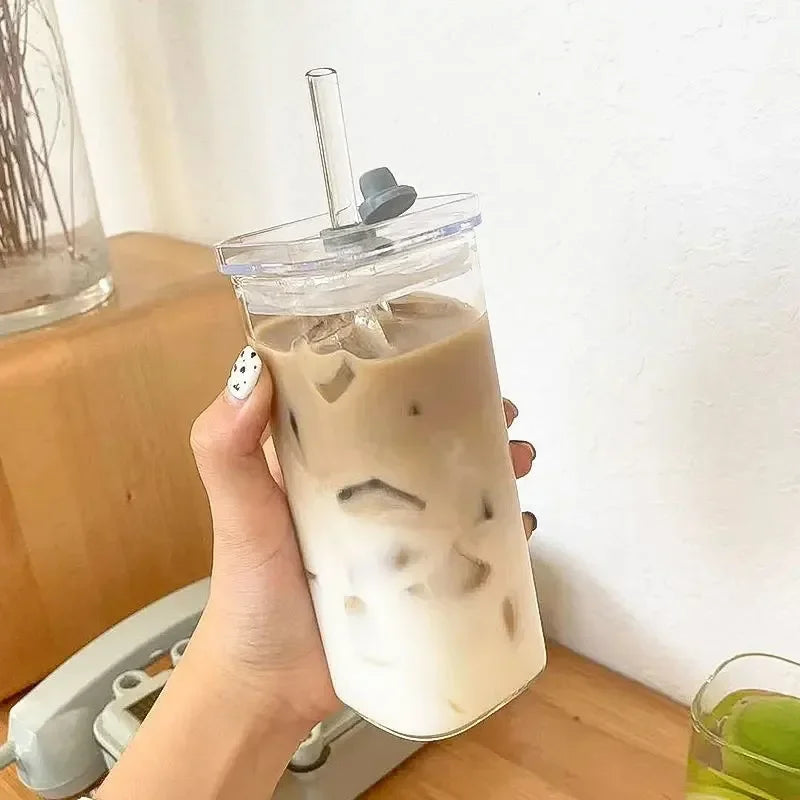 Aesthetic Glass Cup with Lid & Straw – Heat-Resistant Iced Coffee Mug | Square Transparent Milk Tea Tumbler