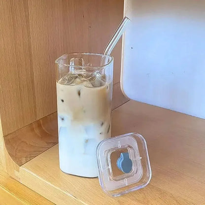 Aesthetic Glass Cup with Lid & Straw – Heat-Resistant Iced Coffee Mug | Square Transparent Milk Tea Tumbler