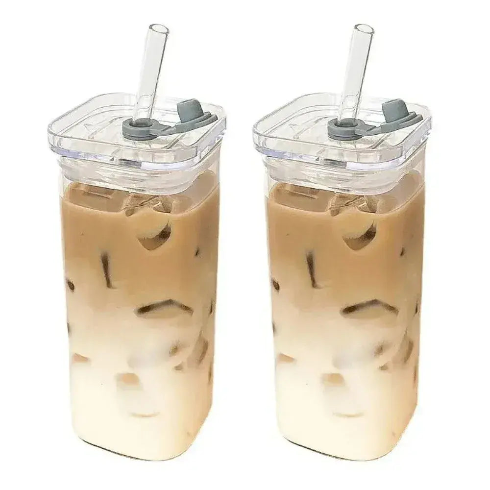 Aesthetic Glass Cup with Lid & Straw – Heat-Resistant Iced Coffee Mug | Square Transparent Milk Tea Tumbler
