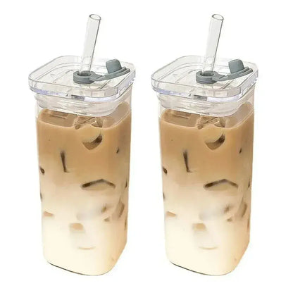 Aesthetic Glass Cup with Lid & Straw – Heat-Resistant Iced Coffee Mug | Square Transparent Milk Tea Tumbler