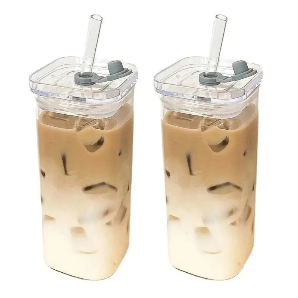 Aesthetic Glass Cup with Lid & Straw – Heat-Resistant Iced Coffee Mug | Square Transparent Milk Tea Tumbler