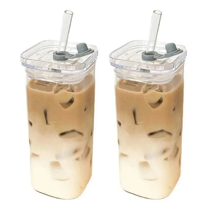 Aesthetic Glass Cup with Lid & Straw – Heat-Resistant Iced Coffee Mug | Square Transparent Milk Tea Tumbler